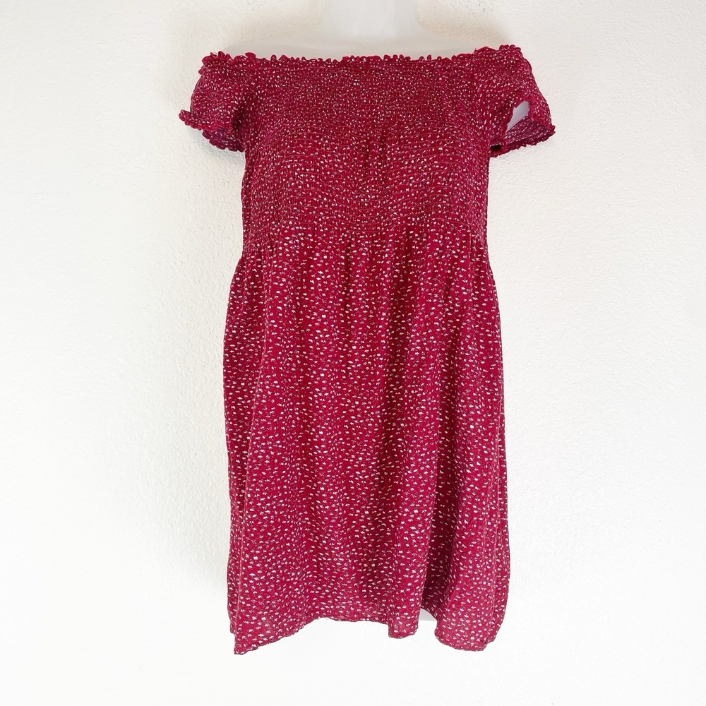 Brandy‎ Melville Dress One Size Mini Off The Shoulder Smocked Red Floral Summer